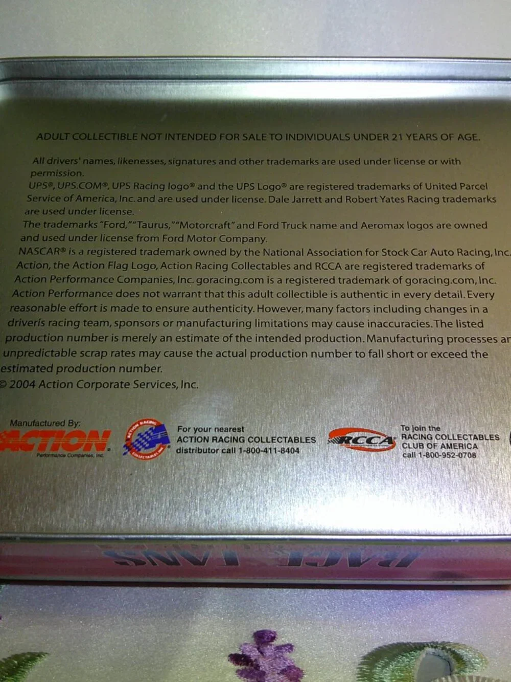 2004 RCCA Race Fans For a Cure Dale Jarrett #88, 1:64 Cars UPS Breast Cancer Tin